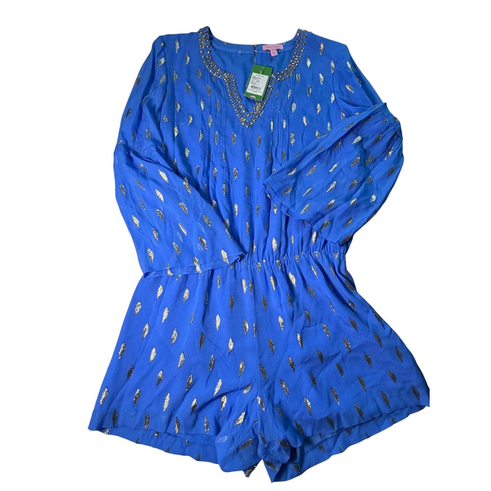 Lilly Pulitzer Arielle Silk Romper Bennet Blue Gold Metallic Diamond Clip L NWT